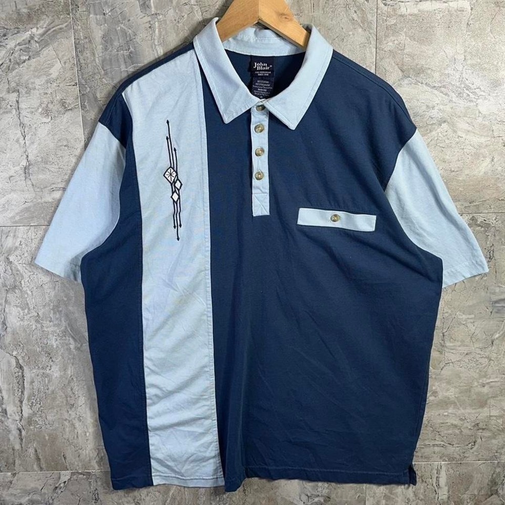 John‎ Blair Navy and Light Blue polo shirt embroidered Men's XL #poloshirt